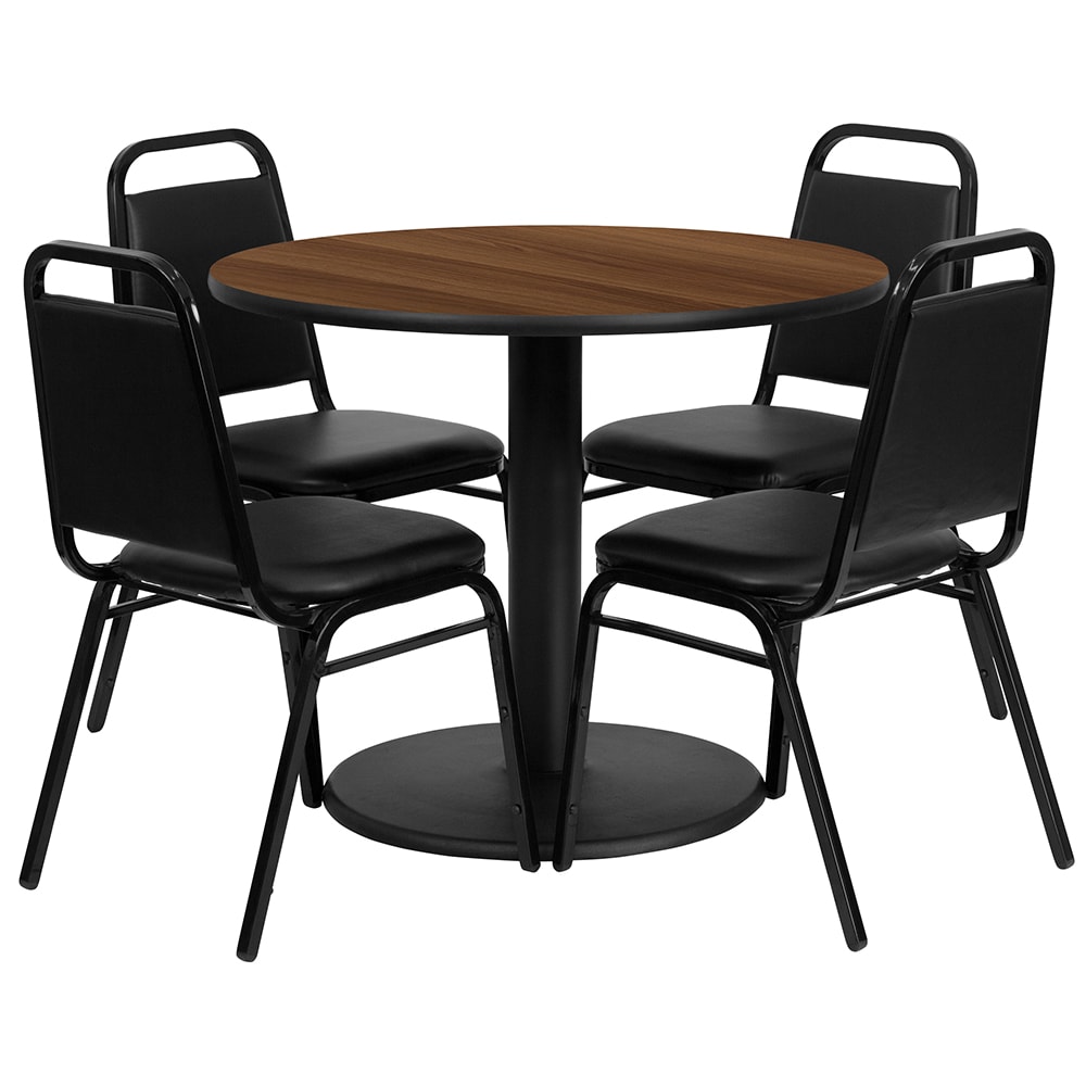 916-RSRB1004 36" Round Table & (4) Banquet Chair Set - Walnut Laminate Top, Cast Iron Ba...