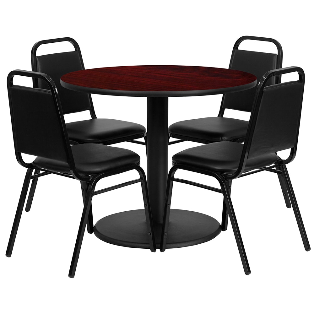 916-RSRB1002 36" Round Table & (4) Banquet Chair Set - Mahogany Laminate Top, Cast Iron...