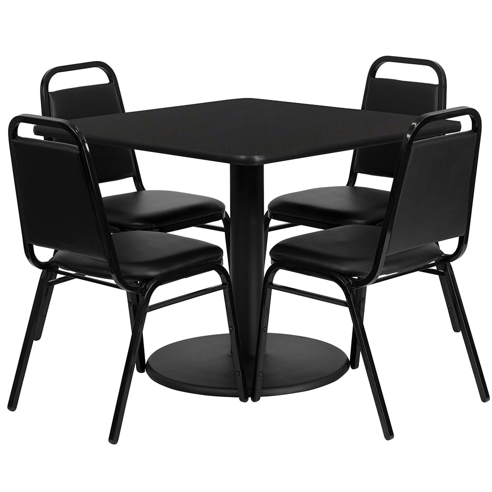 916-RSRB1009 36" Square Table & (4) Banquet Chair Set - Black Laminate Top, Cast Iron Ba...