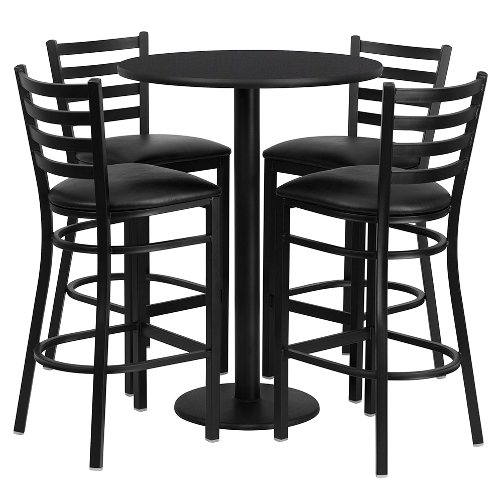 916-RSRB1021 30" Round Bar Height Table w/ (4) Bar Stool Set - Black Laminate Top, Steel Bas...