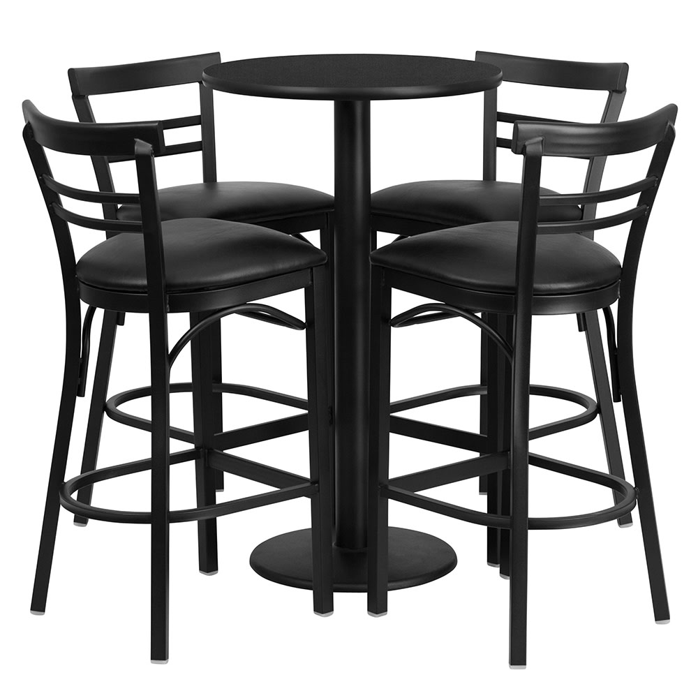 916-RSRB1033 24" Round Bar Height Table w/ (4) Bar Stool Set - Black Laminate Top, Steel Bas...