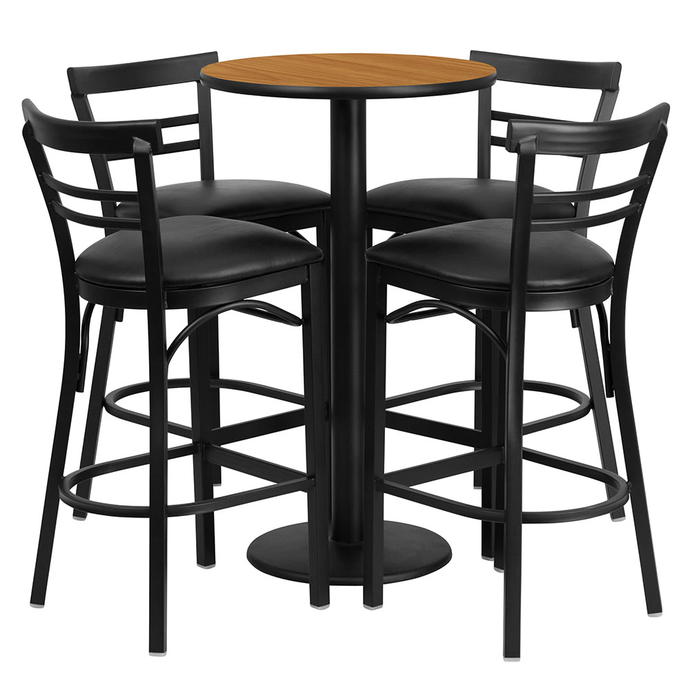 916-RSRB1035 24" Round Bar Height Table w/ (4) Bar Stool Set - Natural Laminate Top, Steel B...