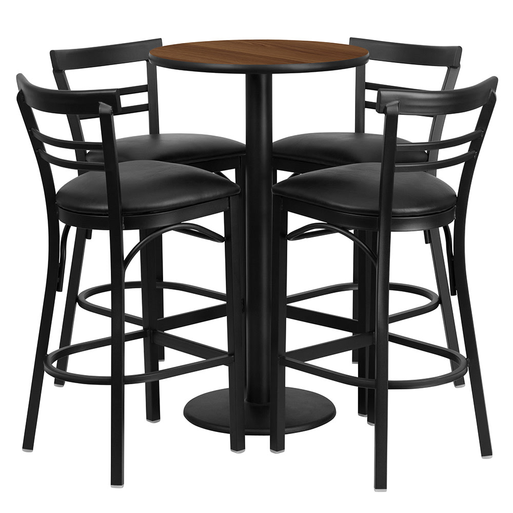 916-RSRB1036 24" Round Bar Height Table w/ (4) Bar Stool Set - Walnut Laminate Top, Steel Ba...
