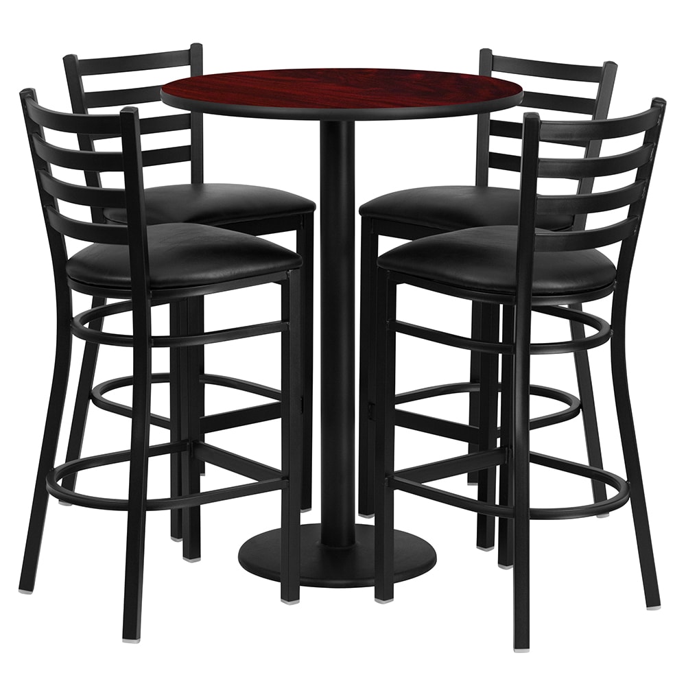 916-RSRB1022 30" Round Bar Height Table w/ (4) Bar Stool Set - Mahogany Laminate Top, Steel...