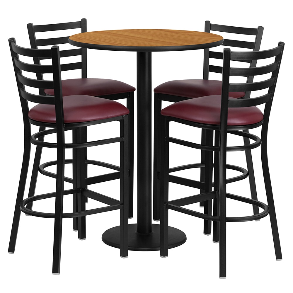 916-RSRB1027 30" Round Bar Height Table w/ (4) Bar Stool Set - Natural Laminate Top, Steel B...