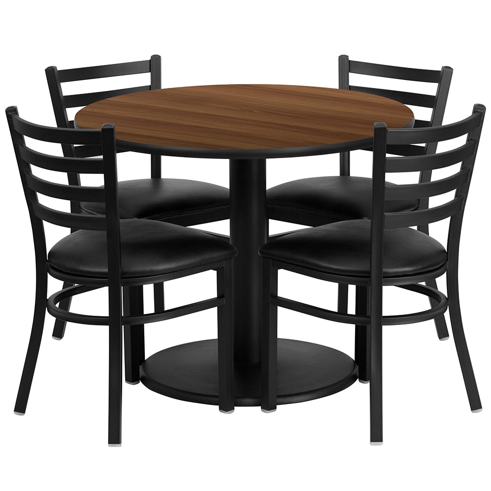 916-RSRB1032 36" Round Table & (4) Chair Set - Walnut Laminate Top, Cast Iron Base