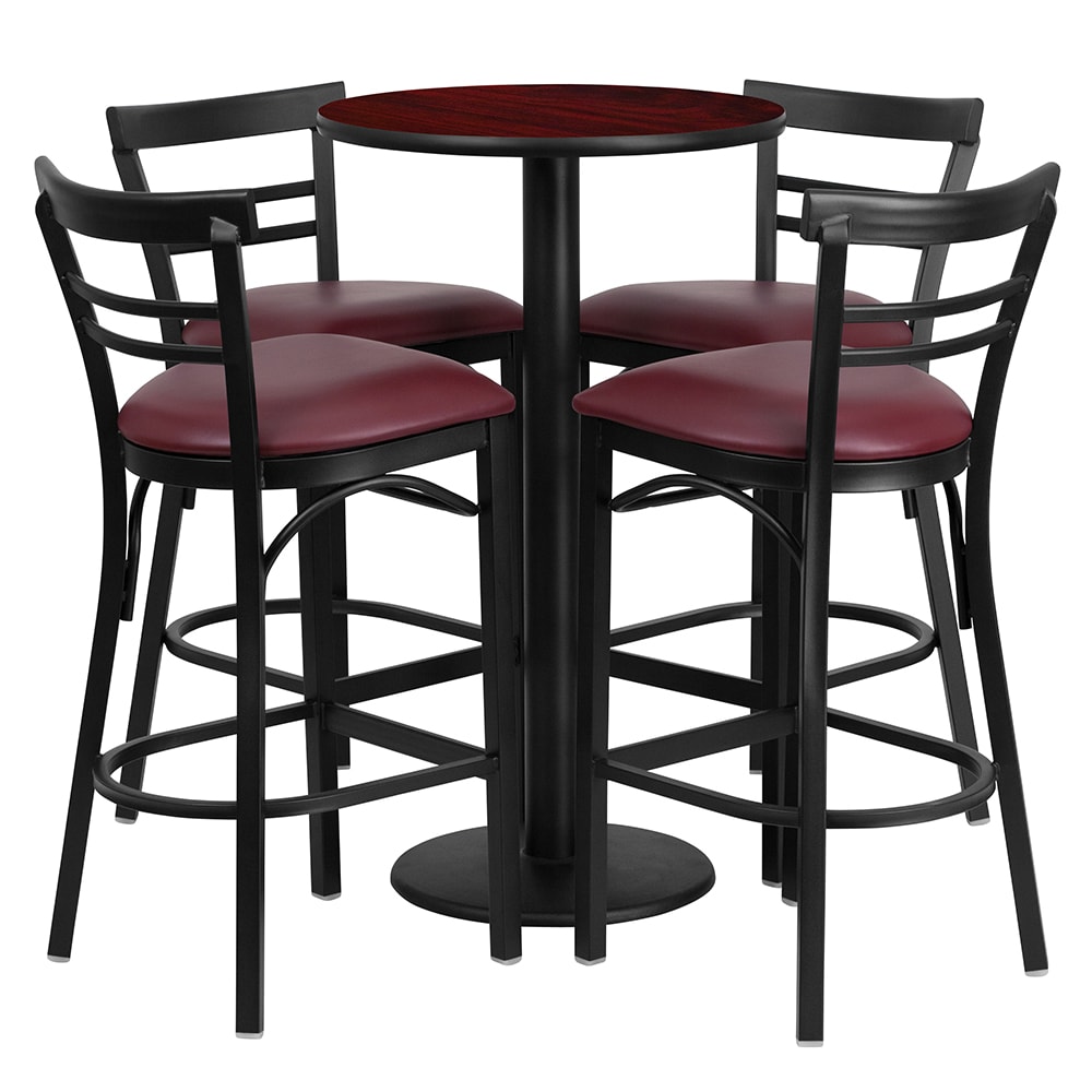 916-RSRB1038 24" Round Bar Height Table w/ (4) Bar Stool Set - Mahogany Laminate Top, Steel...