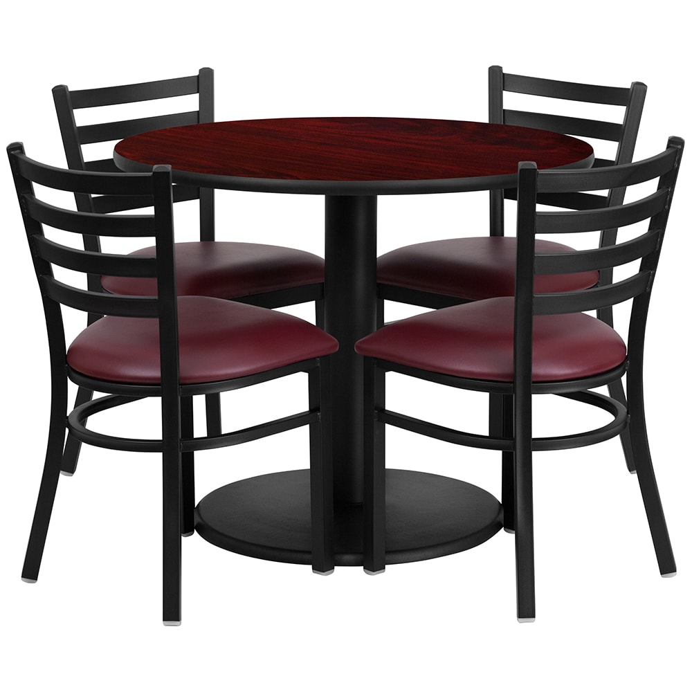 916-RSRB1006 36" Round Table & (4) Chair Set - Mahogany Laminate Top, Cast Iron Base