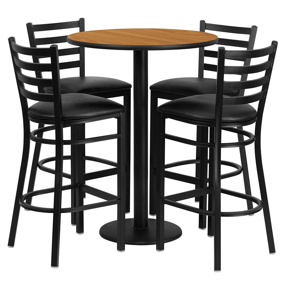 916-RSRB1023 30" Round Bar Height Table w/ (4) Bar Stool Set - Natural Laminate Top, Steel B...