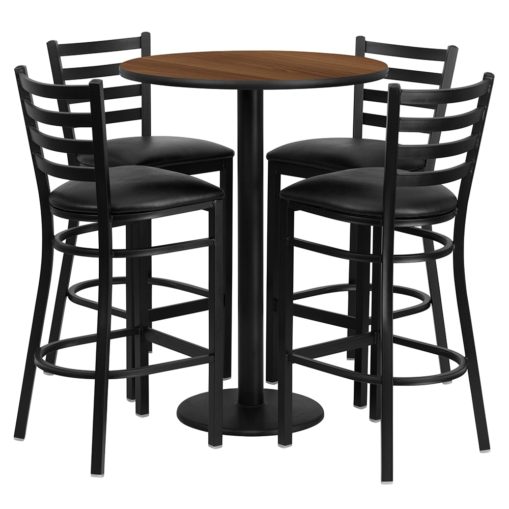 916-RSRB1024 30" Round Bar Height Table w/ (4) Bar Stool Set - Walnut Laminate Top, Steel Ba...