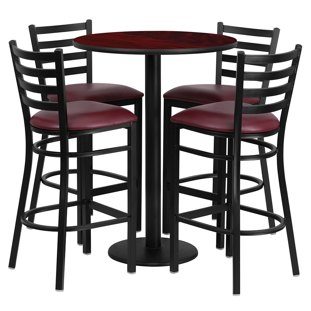 916-RSRB1026 30" Round Bar Height Table w/ (4) Bar Stool Set - Mahogany Laminate Top, Steel...