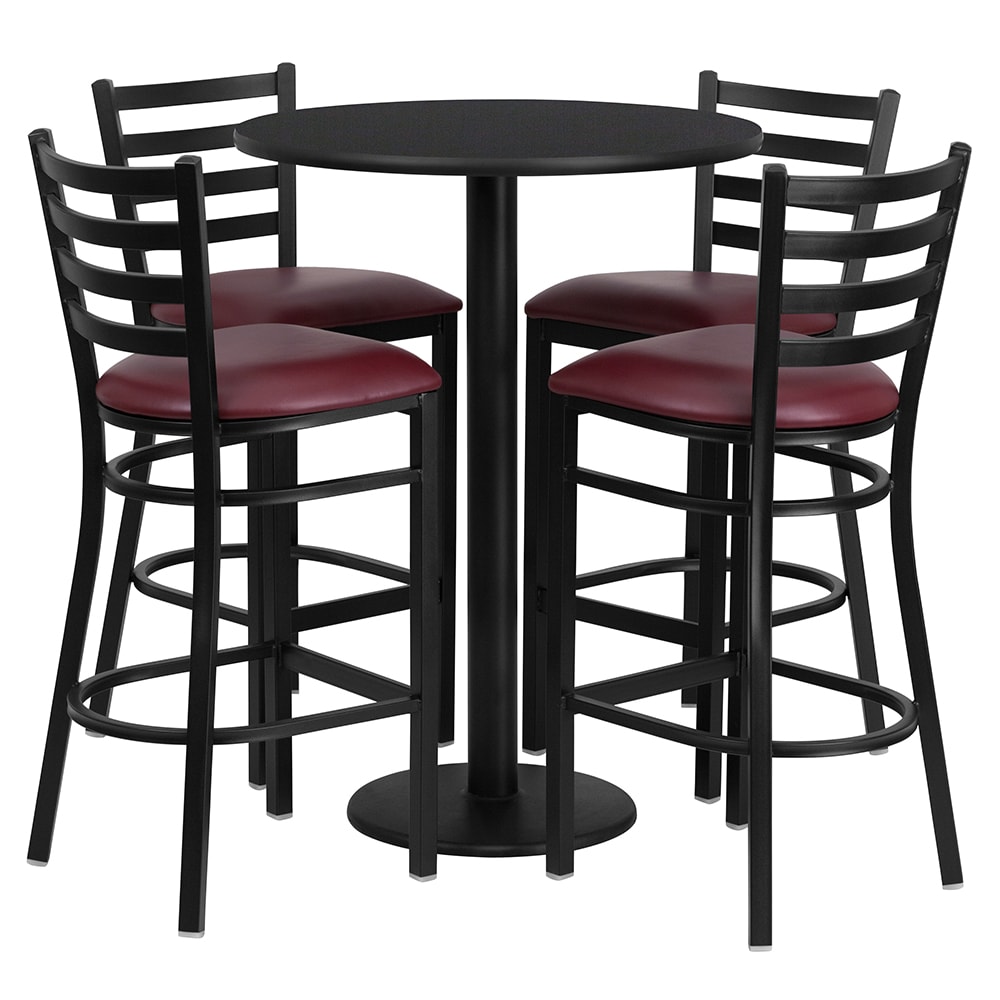 916-RSRB1025 30" Round Bar Height Table w/ (4) Bar Stool Set - Black Laminate Top, Steel Bas...