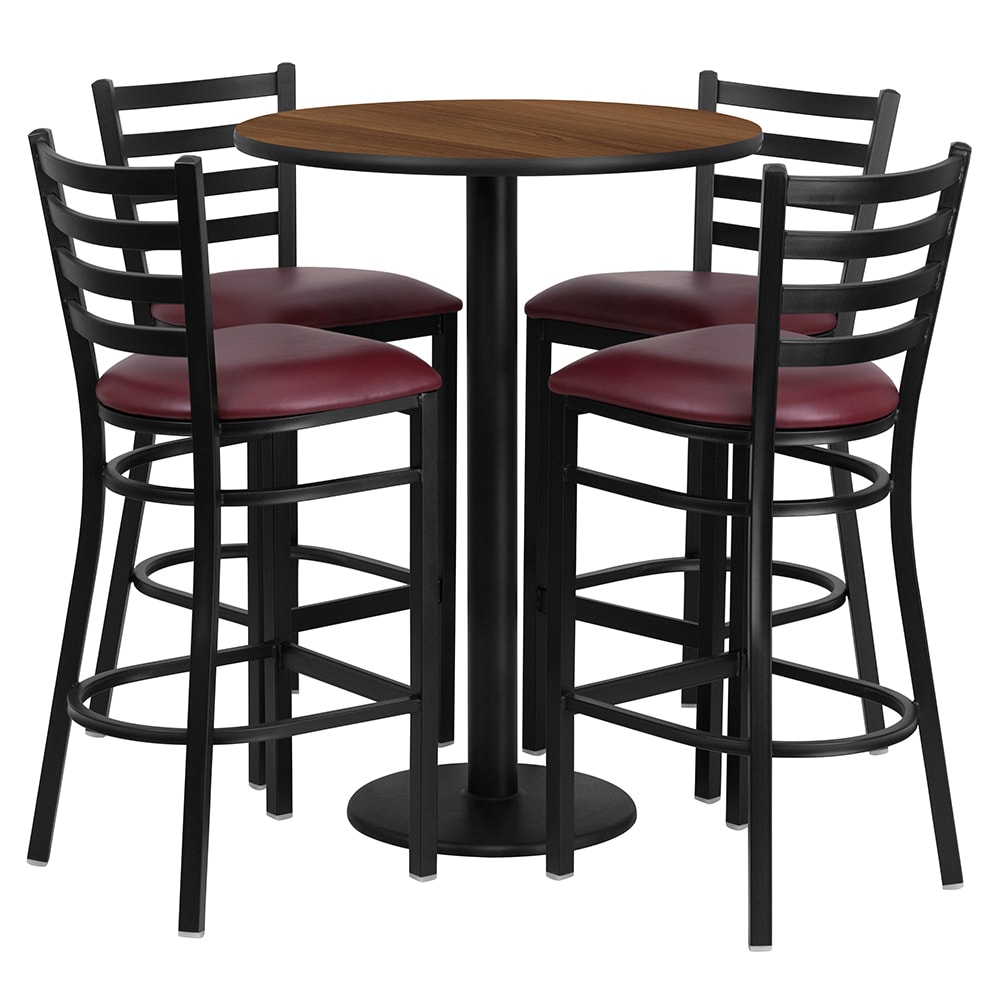 916-RSRB1028 30" Round Bar Height Table w/ (4) Bar Stool Set - Walnut Laminate Top, Steel Ba...
