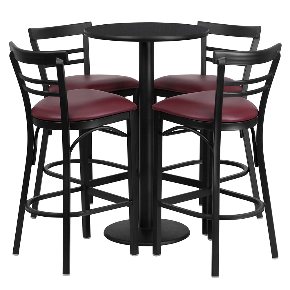 916-RSRB1037 24" Round Bar Height Table w/ (4) Bar Stool Set - Black Laminate Top, Steel Bas...