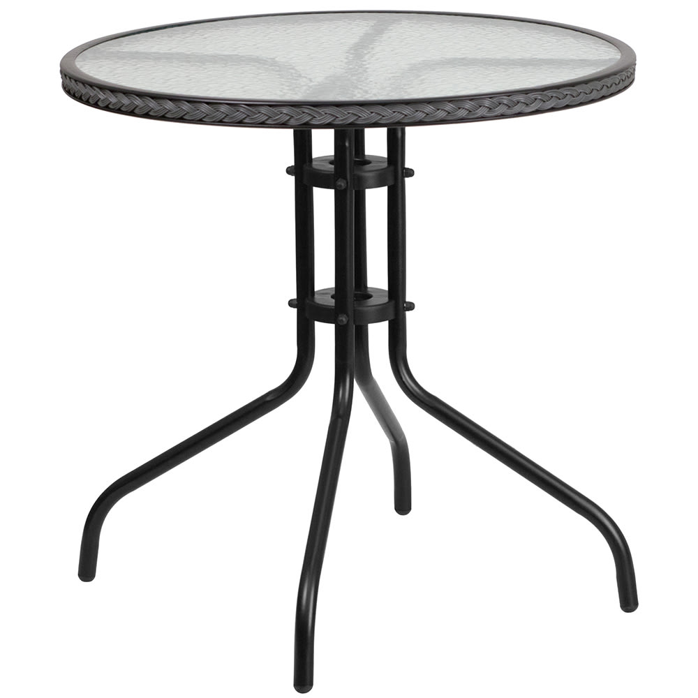916-TLH087GY 28" Round Patio Table w/ Glass Top & Gray Rattan Edge - Metal Base, Black