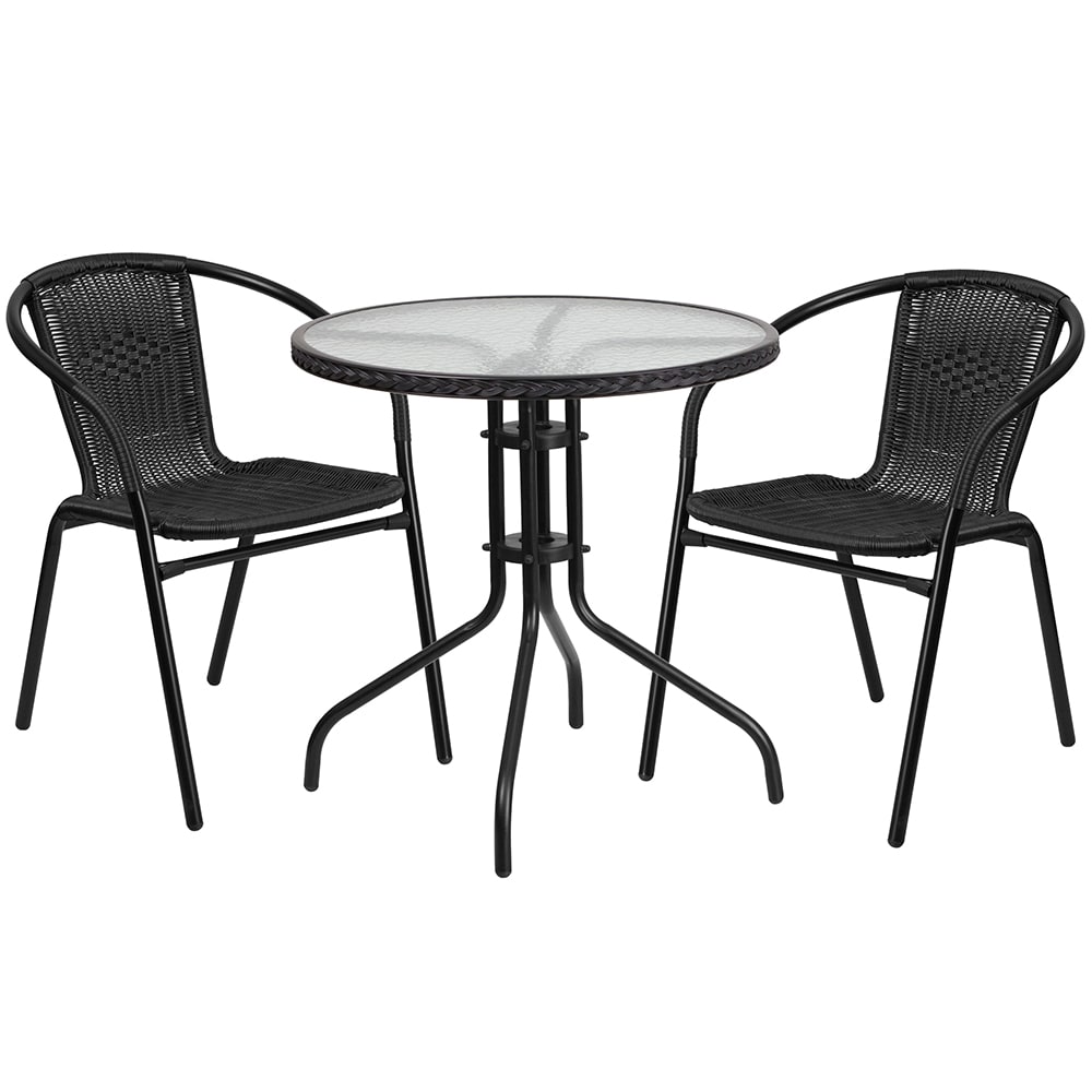 Flash Furniture TLH-087RD-037BK2-GG 28" Round Patio Table & (2) Black Rattan Arm Chair Set - Glass Top, Black Metal Base