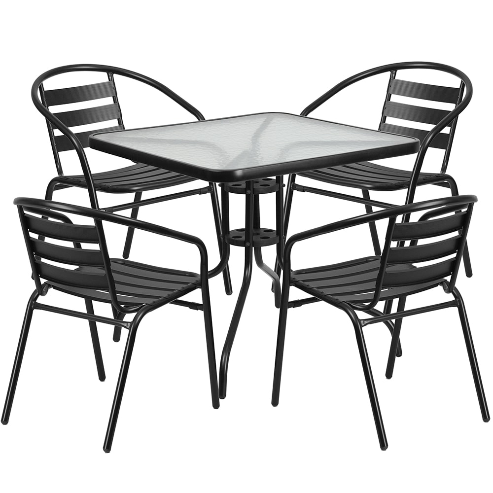 916-TLH0732SQ017CBK4 31 1/2" Square Patio Table & (4) Arm Chair Set - Glass Top, Black M...