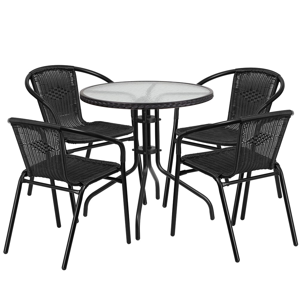 916-TLH087RD037BK4 28" Round Patio Table & (4) Black Rattan Arm Chair Set - Glass Top, B...