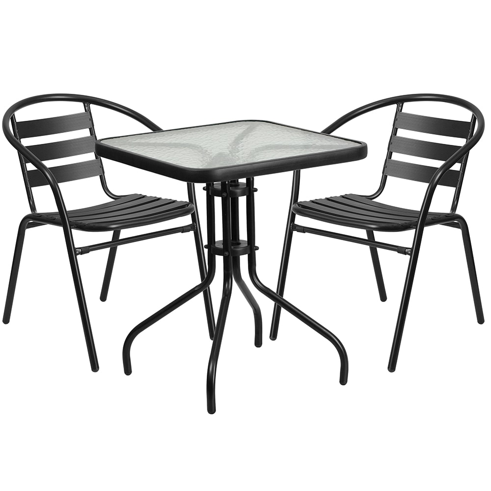 916-TLH0731SQ017CBK2 23 1/2" Square Patio Table & (2) Arm Chair Set - Glass Top, Black M...