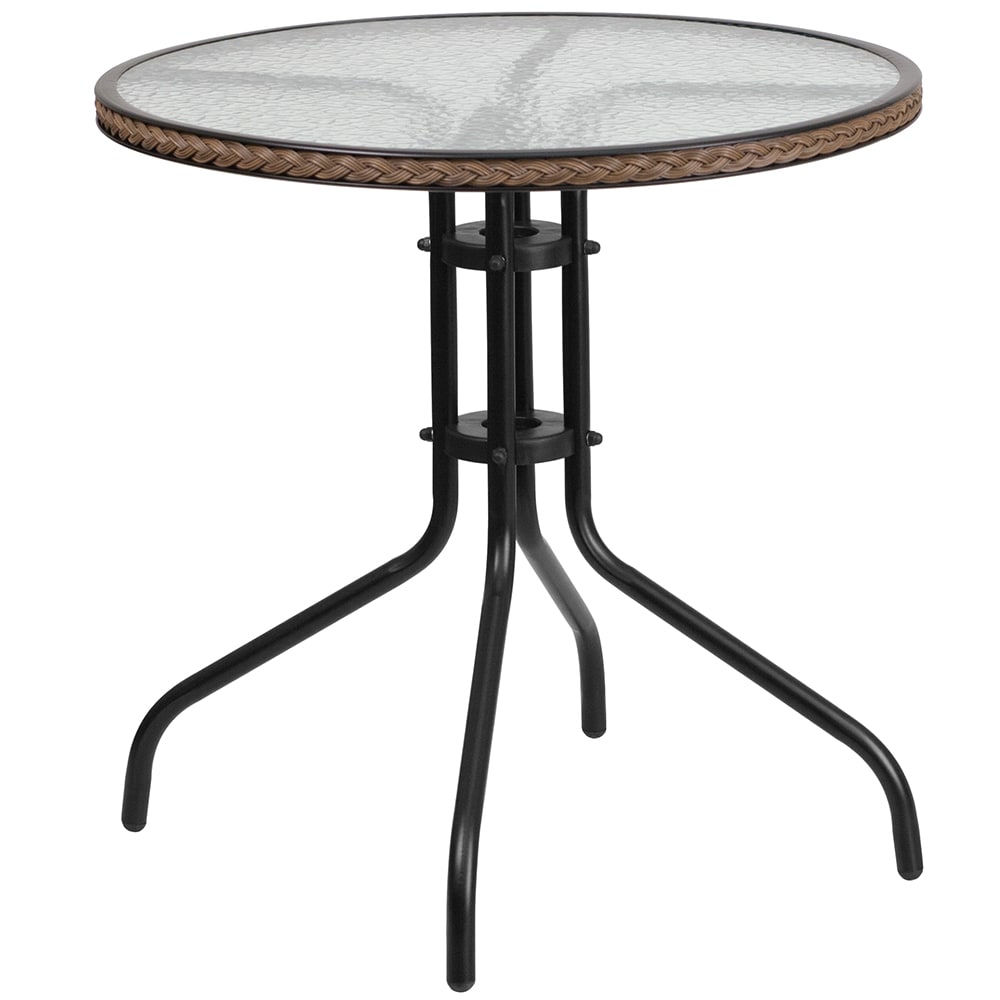 916-TLH087DKBN 28" Round Patio Table w/ Glass Top & Dark Brown Rattan Edge - Metal Base,...