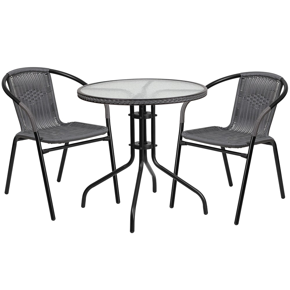 916-TLH087RD037GY2 28" Round Patio Table & (2) Gray Rattan Arm Chair Set - Glass Top, Bl...