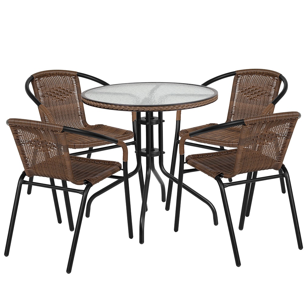 916-TLH087RD037BN4 28" Round Patio Table & (4) Brown Rattan Arm Chair Set - Glass Top, B...