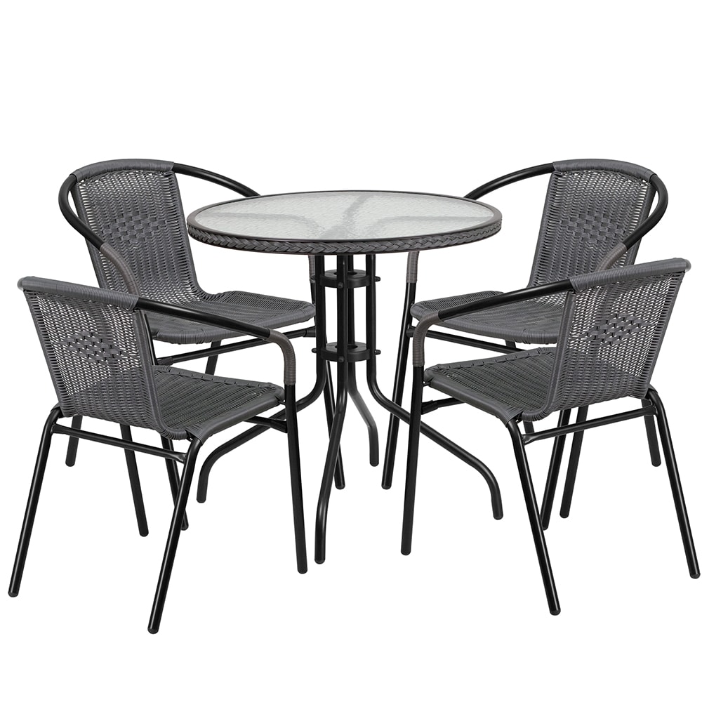 916-TLH087RD037GY4 28" Round Patio Table & 4 Gray Rattan Arm Chair Set - Glass Top, Blac...