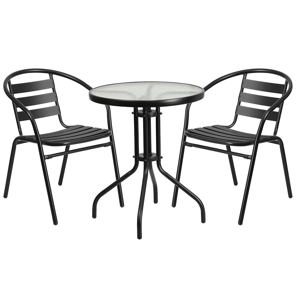 916-TLH071RD017CBK2 23 3/4" Round Patio Table & (2) Arm Chair Set - Glass Top, Black Met...
