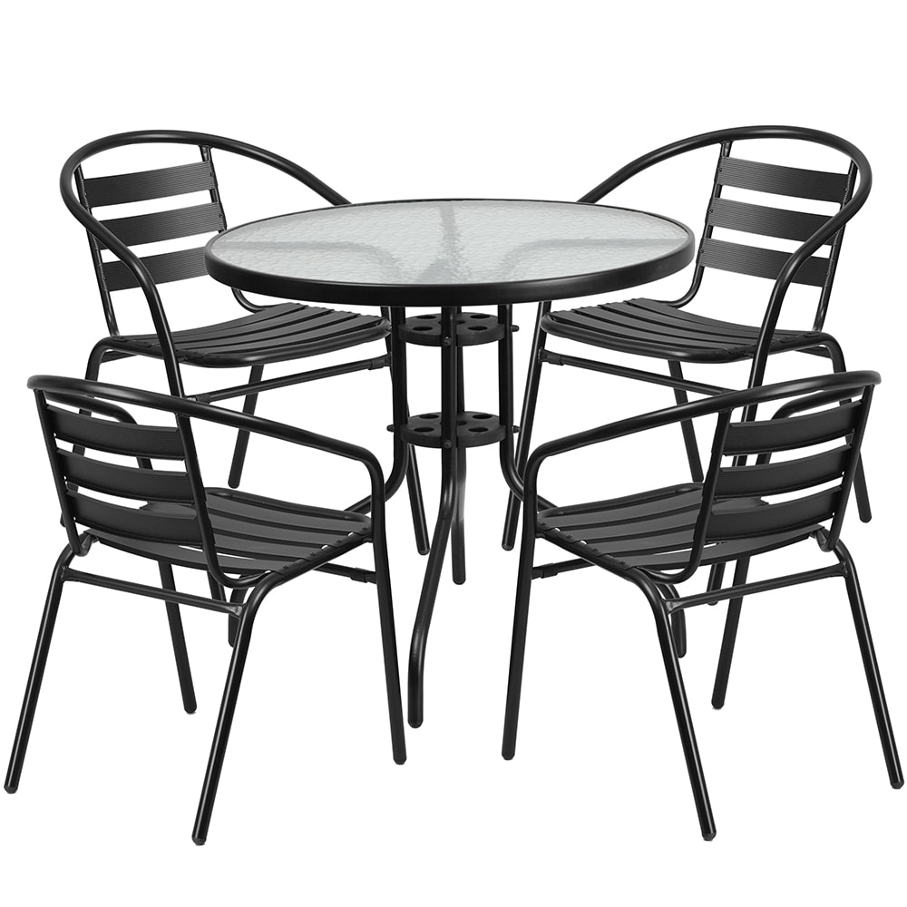 Flash Furniture TLH-072RD-017CBK4-GG 31 1/2" Round Patio Table & (4) Arm Chair Set - Glass Top, Black Metal Base