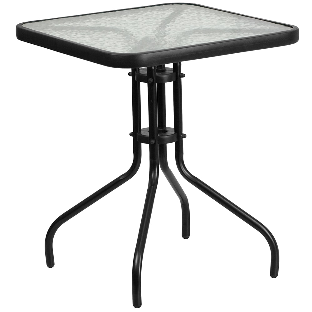 916-TLH073A1 23 1/2" Square Patio Table w/ Glass Top - Metal Base, Black