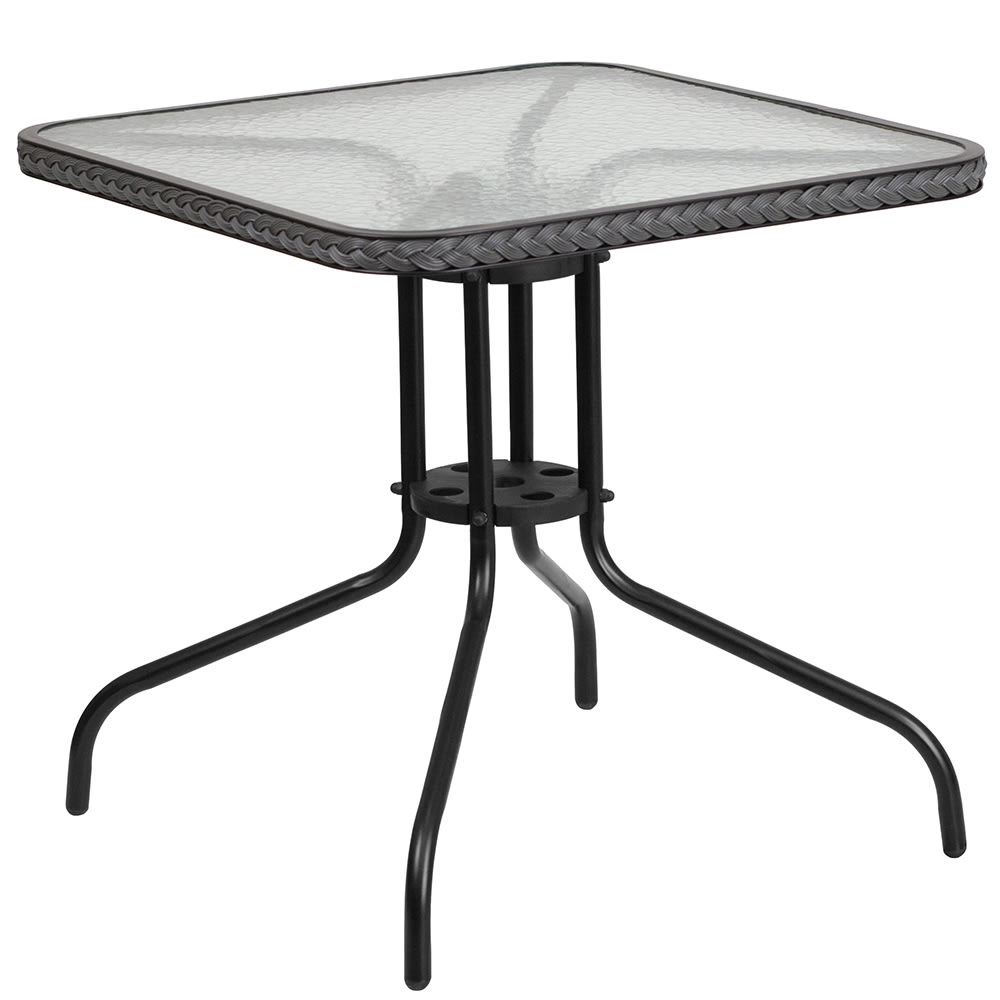 916-TLH073RGY 28" Square Patio Table w/ Glass Top & Gray Rattan Edge - Metal Base, Black