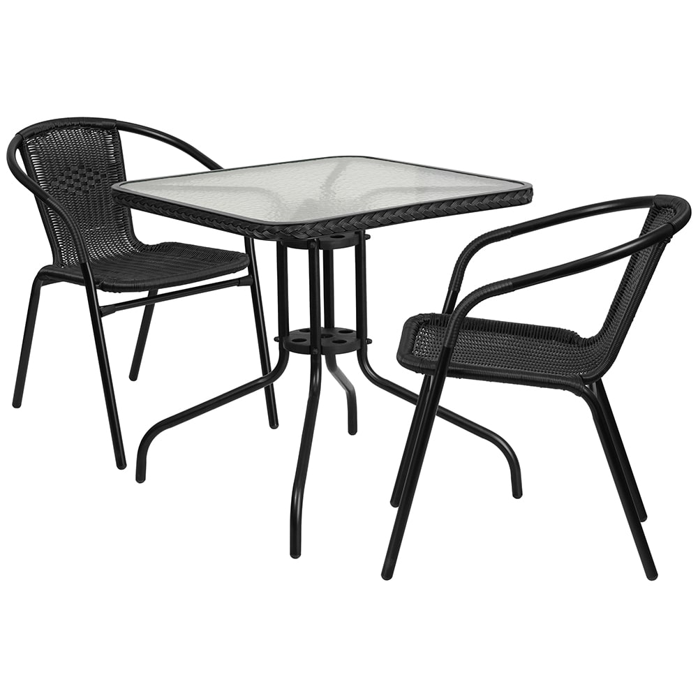 916-TLH073SQ037BK2 28" Square Patio Table & (2) Black Rattan Arm Chair Set - Glass Top,...