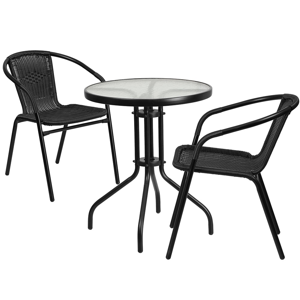 916-TLH071RD037BK2 23 3/4" Round Patio Table & (2) Black Rattan Arm Chair Set - Glass To...