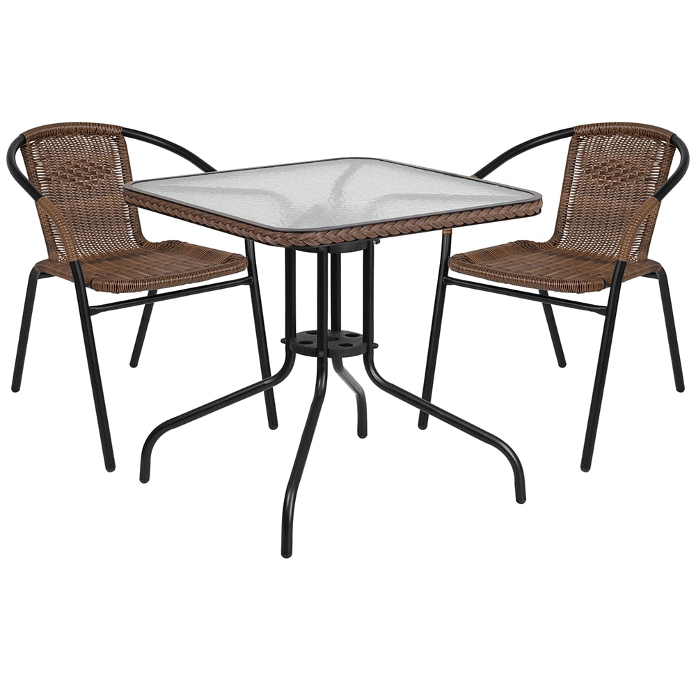 916-TLH073SQ037BN2 28" Square Patio Table & (2) Brown Rattan Arm Chair Set - Glass Top,...