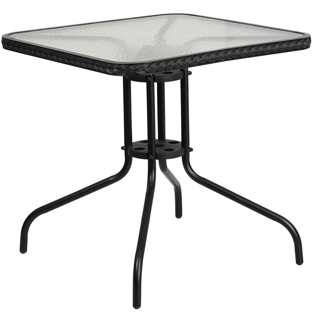 916-TLH073RBK 28" Square Patio Table w/ Glass Top & Black Rattan Edge - Metal Base, Blac...