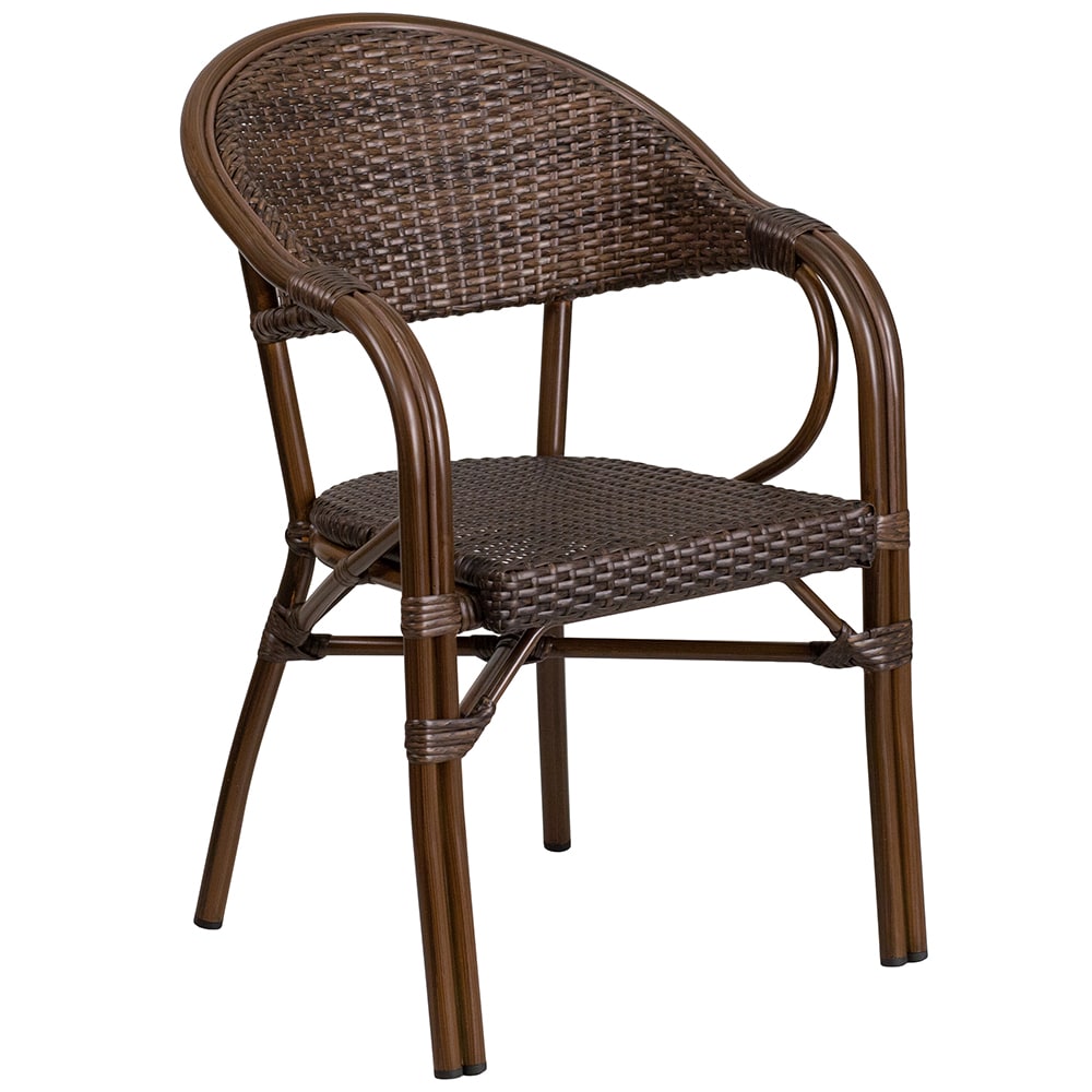 916-SDAAD642003R1 Milano Indoor/Outdoor Stackable Armchair  - Dark Brown Wicker w/ Dark Brown Bam...