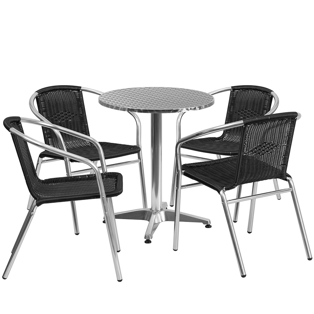 916-24RD020BKCHR4 23 1/2" Round Patio Table & (4) Black Rattan Arm Chair Set - Stainless...