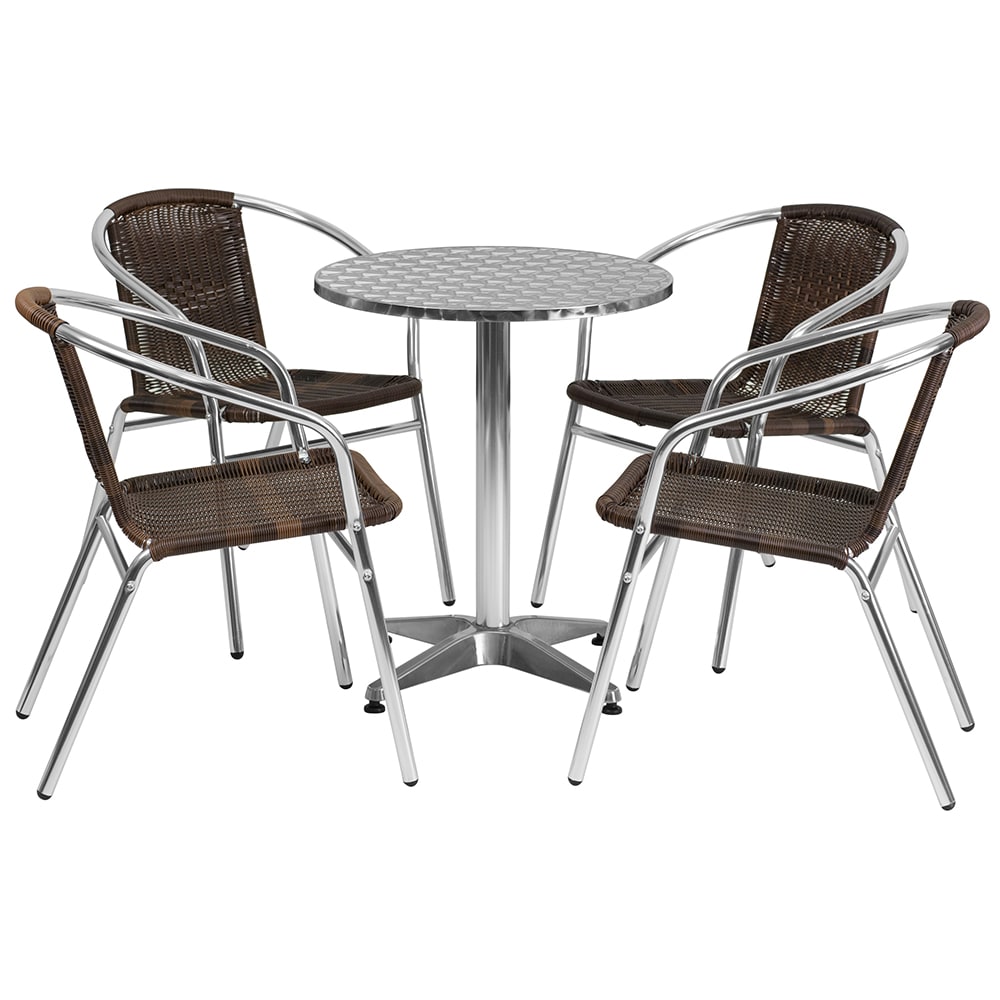 916-24RD020CHR4 23 1/2" Round Patio Table & (4) Brown Rattan Arm Chair Set - Stainless T...