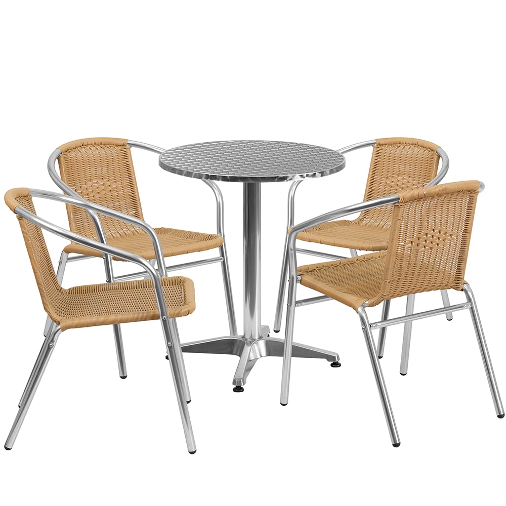 916-24RD020BGECHR4 23 1/2" Round Patio Table & (4) Beige Rattan Arm Chair Set - Stainles...