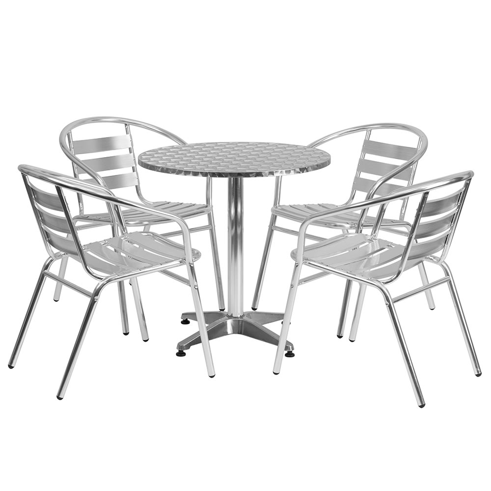 916-28RD017BCHR4 27 1/2" Round Patio Table & (4) Arm Chair Set - Stainless Steel Top, Al...