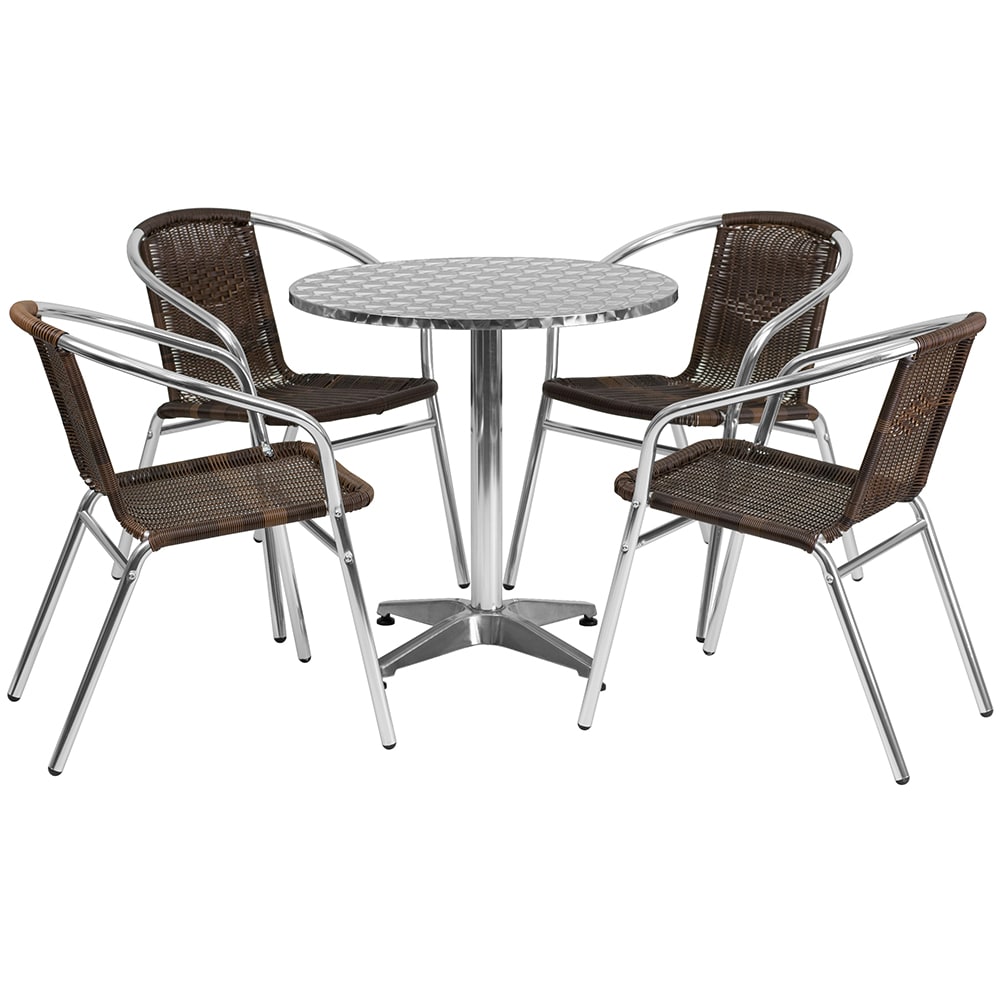 Flash Furniture TLH-ALUM-28RD-020CHR4-GG 27 1/2" Round Patio Table & (4) Brown Rattan Arm Chair Set - Stainless Top, Aluminum Base