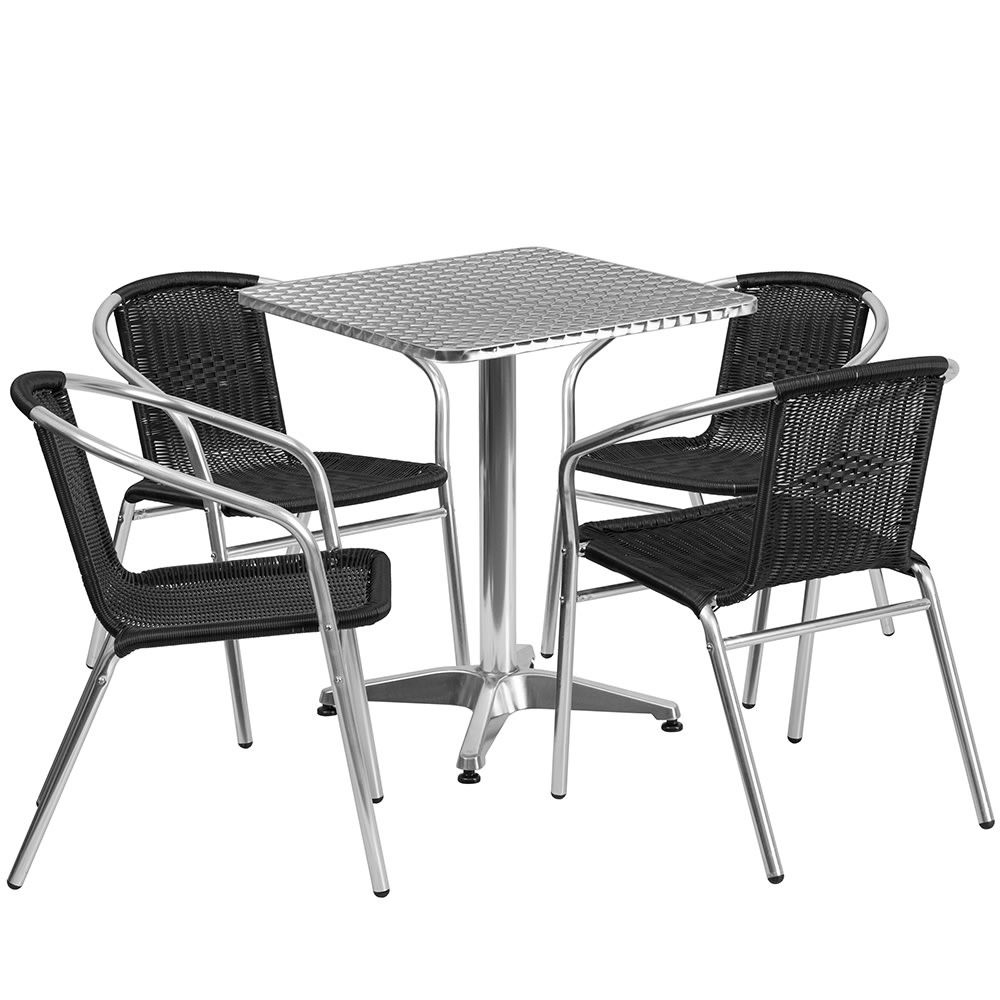 916-24SQ020BKCHR4 23 1/2" Square Patio Table & (4) Black Rattan Arm Chair Set - Stainles...