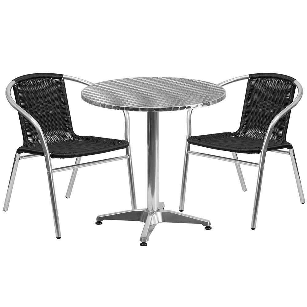 916-28RD020BKCHR2 27 1/2" Round Patio Table & (2) Black Rattan Arm Chair Set - Stainless...