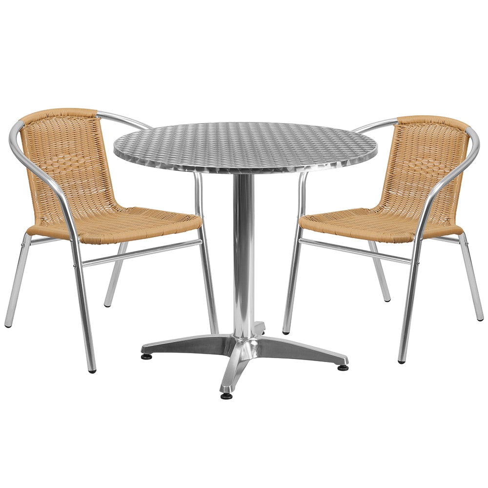 Flash Furniture TLH-ALUM-32RD-020BGECHR2-GG 31 1/2" Round Patio Table & (2) Beige Rattan Arm Chair Set - Stainless Top, Aluminum Base