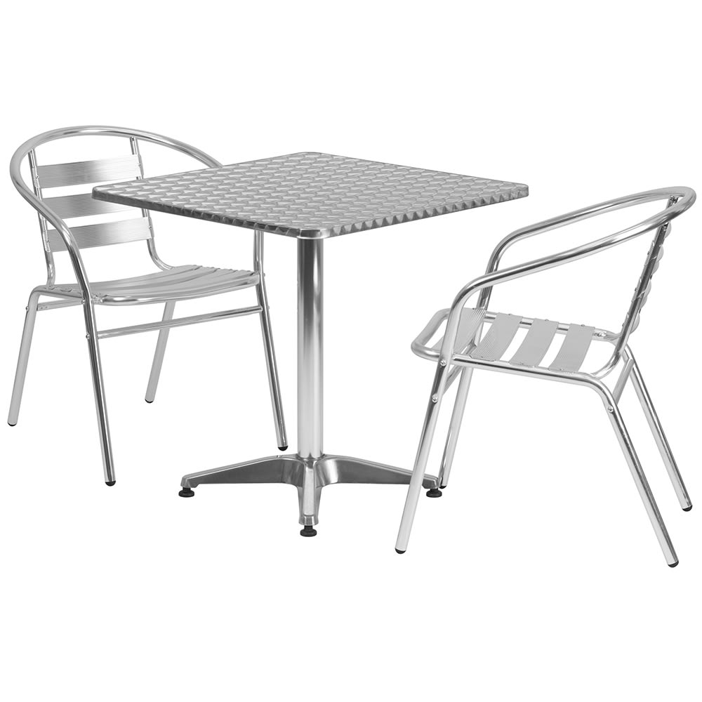 916-28SQ017BCHR2 27 1/2" Square Patio Table & (2) Arm Chair Set - Stainless Steel Top, A...
