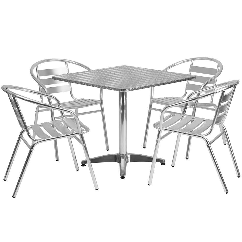 916-32SQ017BCHR4 31 1/2" Square Patio Table & (4) Arm Chair Set - Stainless Steel Top, A...