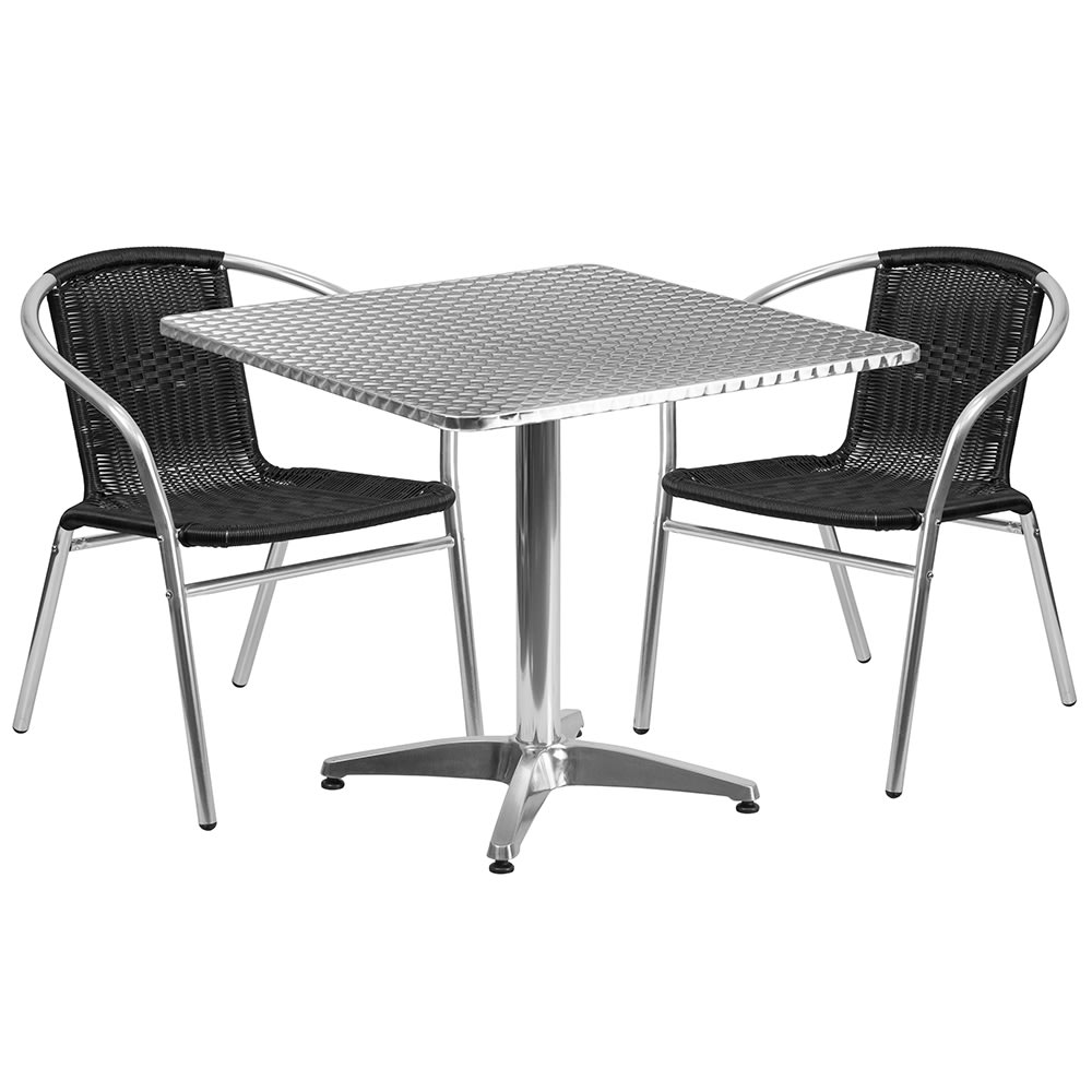 916-32SQ020BKCHR2 31 1/2" Square Patio Table & (2) Black Rattan Arm Chair Set - Stainles...