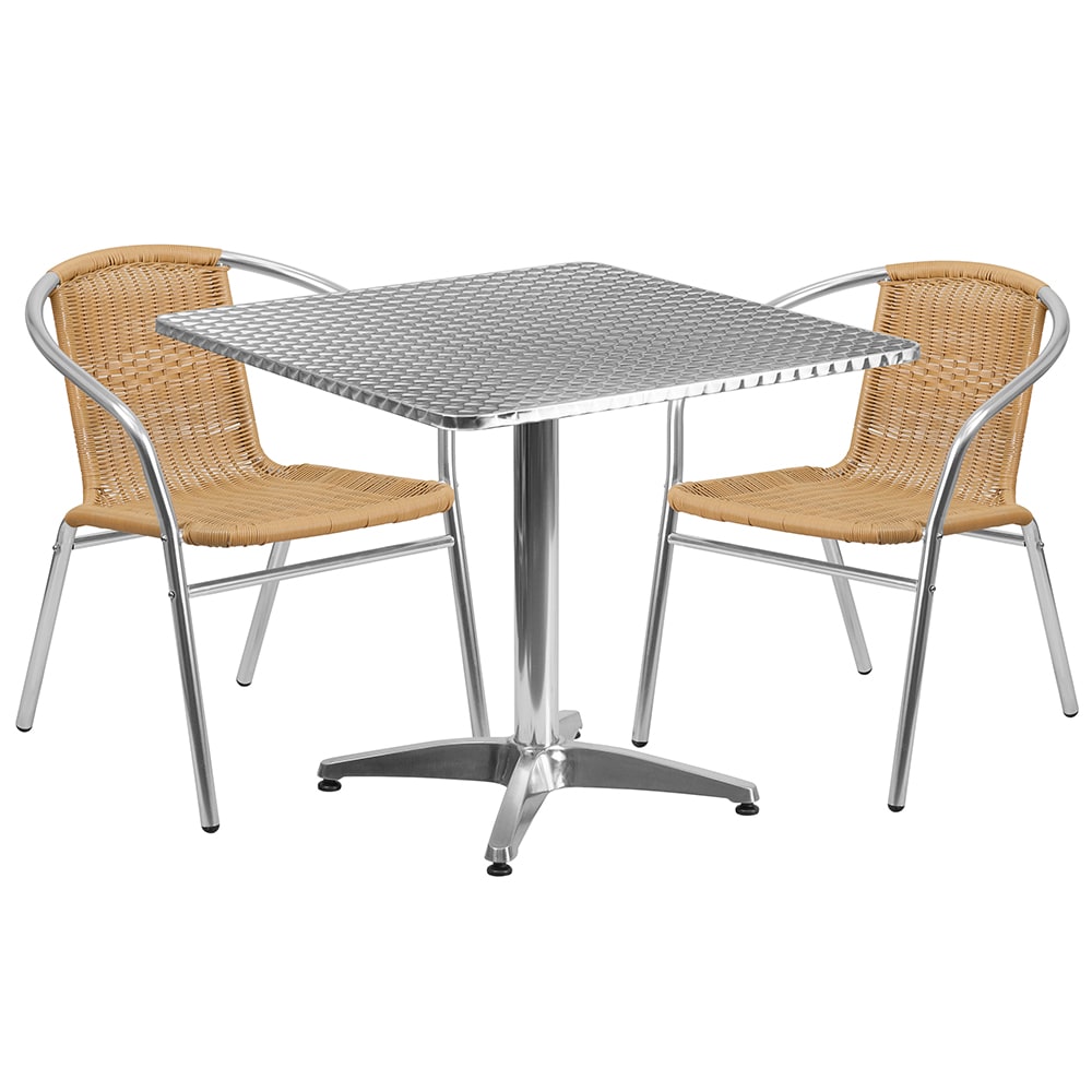 916-32SQ020BGECHR2 31 1/2" Square Patio Table & (2) Beige Rattan Arm Chair Set - Stainle...