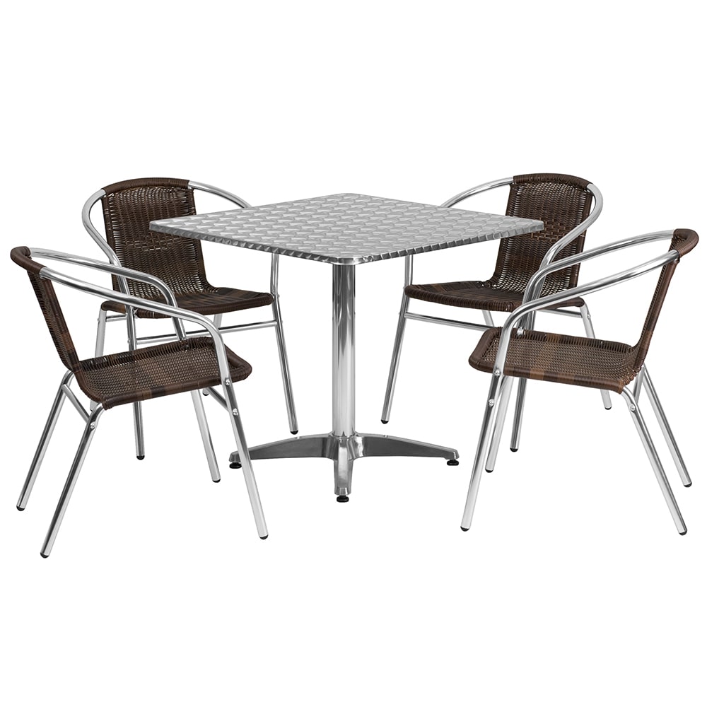 916-32SQ020CHR4 31 1/2" Square Patio Table & (4) Brown Rattan Arm Chair Set - Stainless...