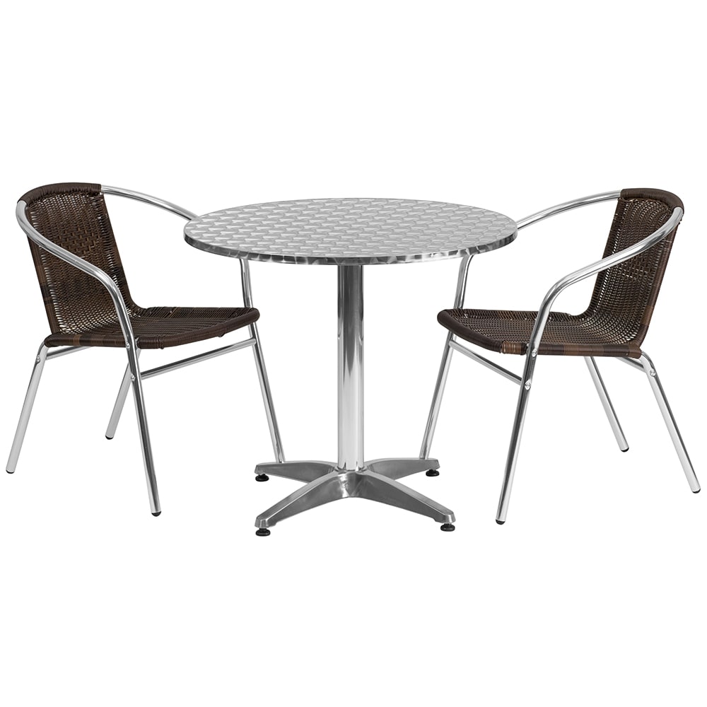 916-32RD020CHR2 31 1/2" Round Patio Table & (2) Brown Rattan Arm Chair Set - Stainless T...